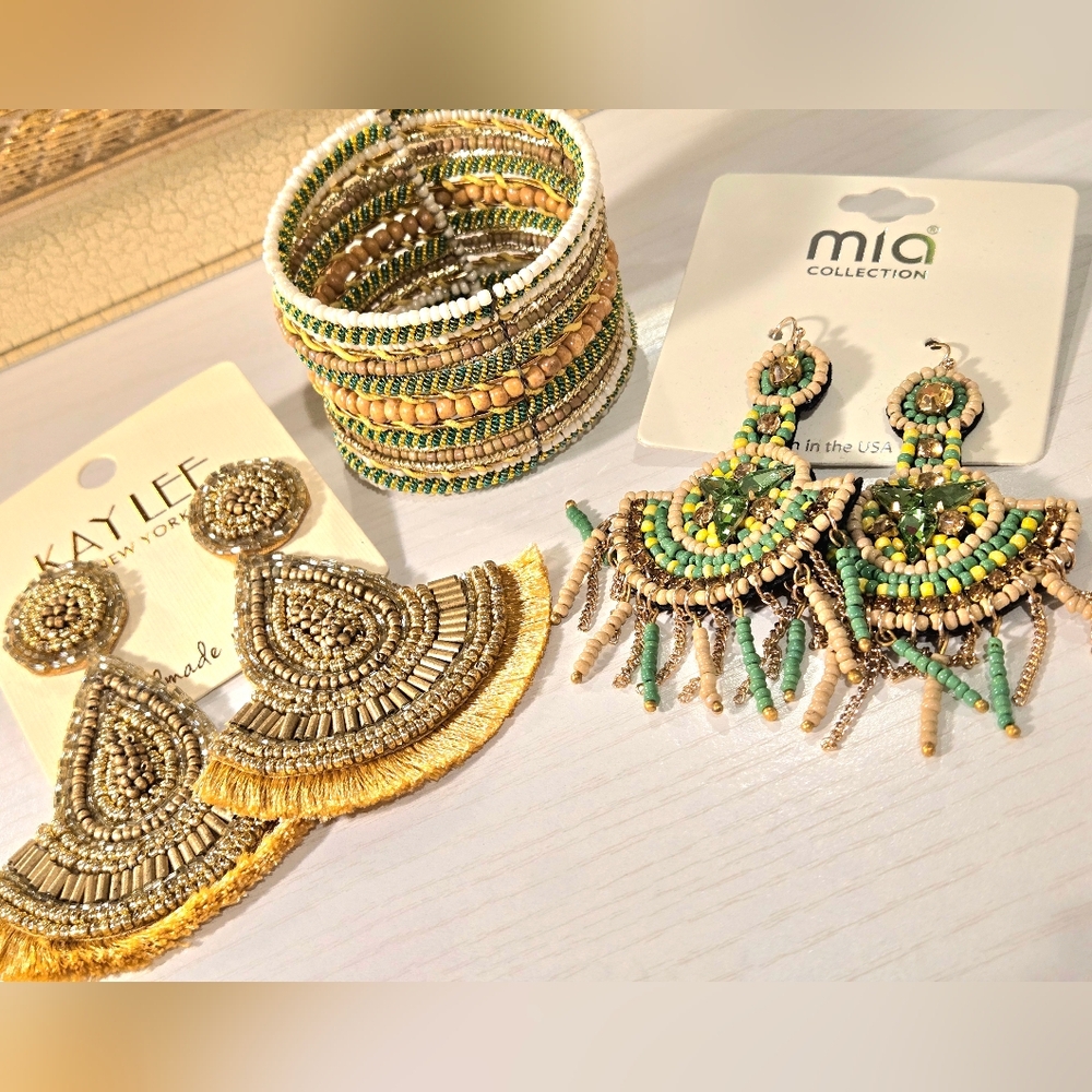 Bundle 3 Piece Set Yellow and Green & Goldtone Fringe & Dangle Beaded Earrings